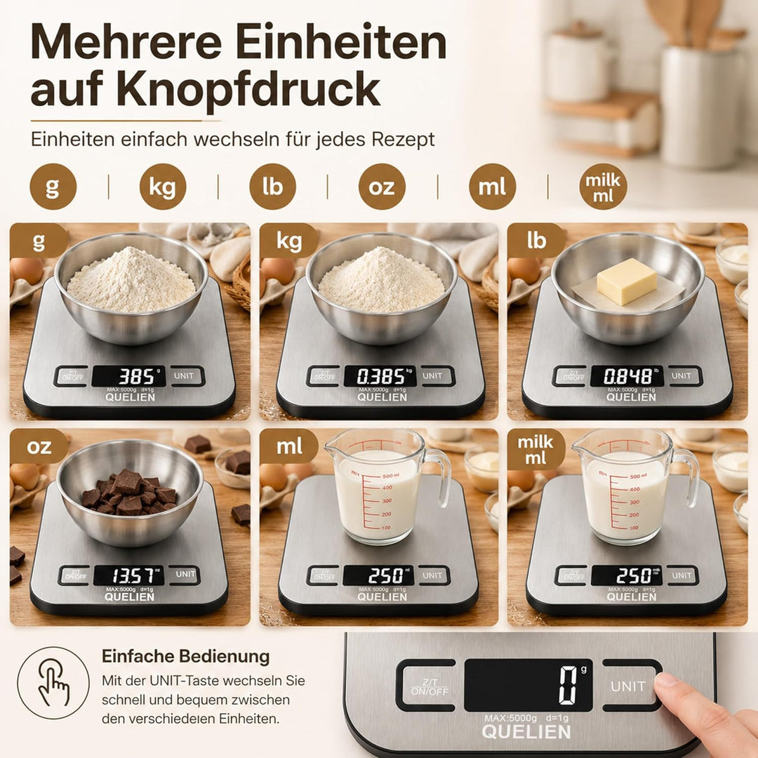 Digitale Küchenwaage Aus Edelstahl, USB-Aufladbar, 5 kg/1 g Präzision, 6 Einheiten, Tara-Funktion, L