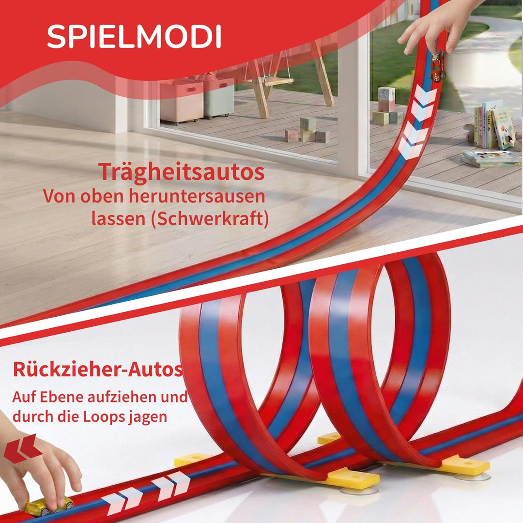 3-Spur Flexible Autorennbahn Set mit 2 Loopings (5M), Rennbahn mit Autos & Tragtasche, Schwerkraft &