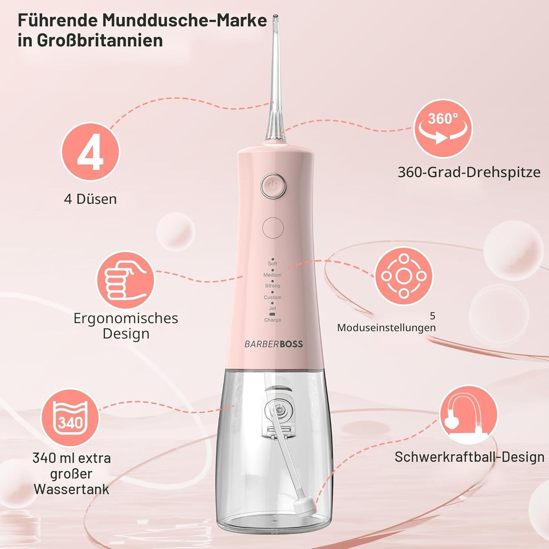 BarberBoss Munddusche Kabellos, Elektrische Zahnseide mit 5 Druckmodi, IPX8 Wasserschutz, tragbares