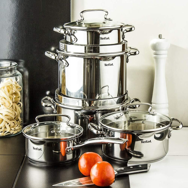 TEFAL DUETTO TOPFSET Kochtopfset Töpfe Induktion Edelstahl mit Glasdeckel 10 tlg