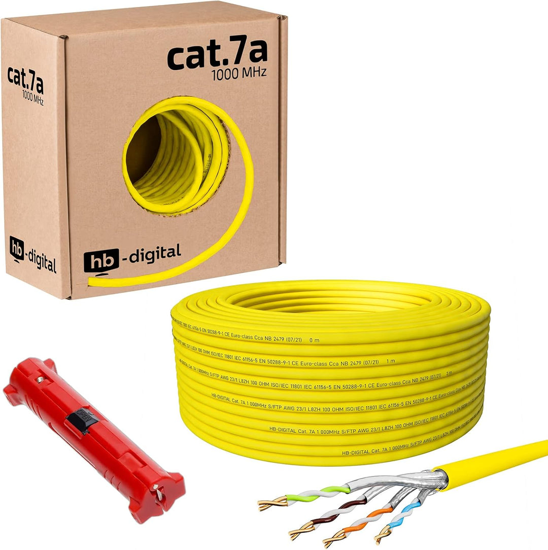 HB-DIGITAL 50m CAT.7a Netzwerkkabel Gelb Verlegekabel Ethernet LAN AWG23 Reines Kupfer S/FTP PiMF LS