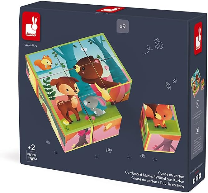 Janod J02731 Kubkid 9 Blocks, Forest Animals Waldtiere, Waldtiere
