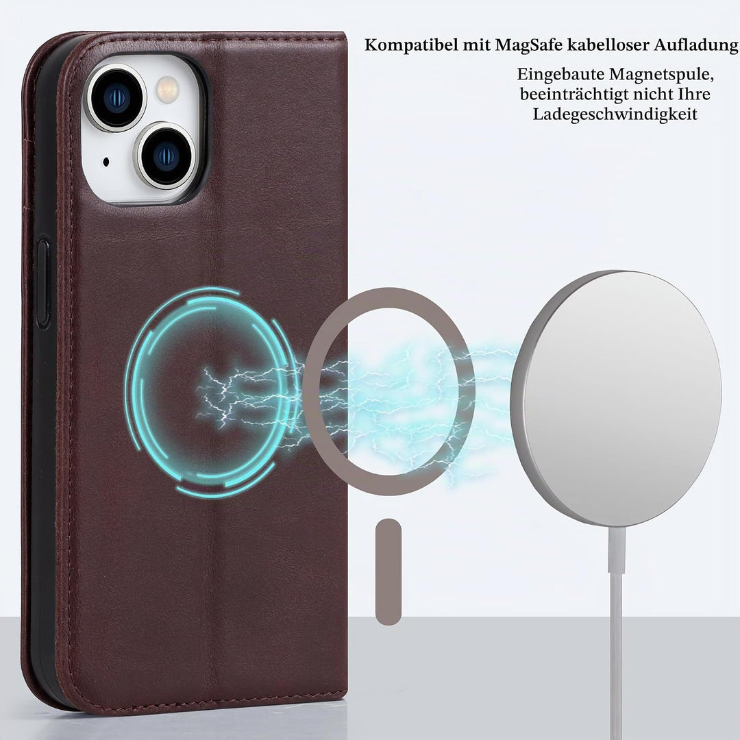 VISOUL Hülle für iPhone 15, Schutzhülle [Echt Leder] [Schützt vor Stoss] [Kartenfach] [Magnetverschl