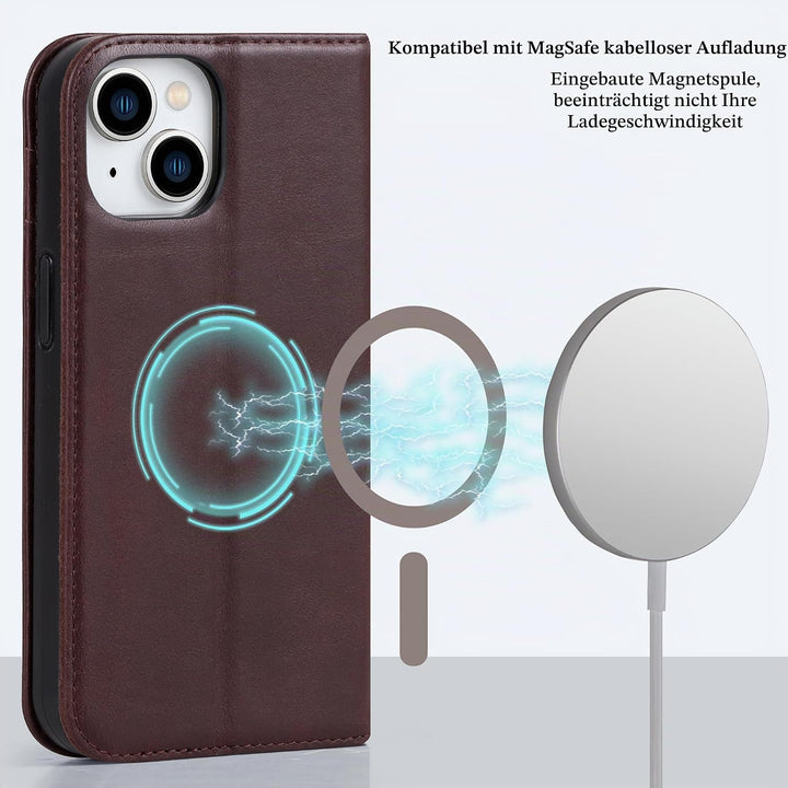 VISOUL Hülle für iPhone 15, Schutzhülle [Echt Leder] [Schützt vor Stoss] [Kartenfach] [Magnetverschl