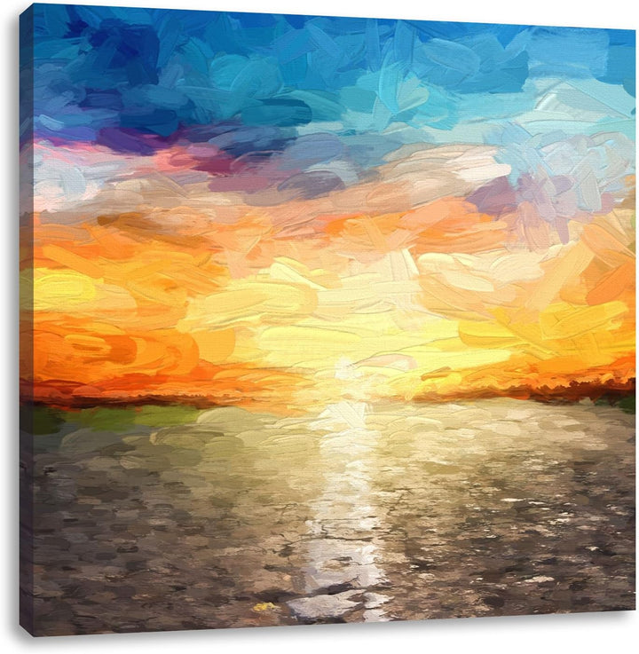 Pixxprint Endlose Strasse im Sonnenuntergang als Leinwandbild Quadratisch| Grösse: 70x70 | Wandbild|