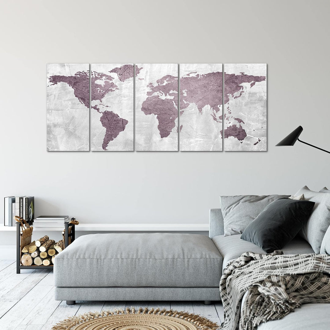 Runa Art Wandbild XXL Weltkarte Büro Wohnzimmer 200 x 80 cm Rosa 5 Teilig - Made in Germany - 104355