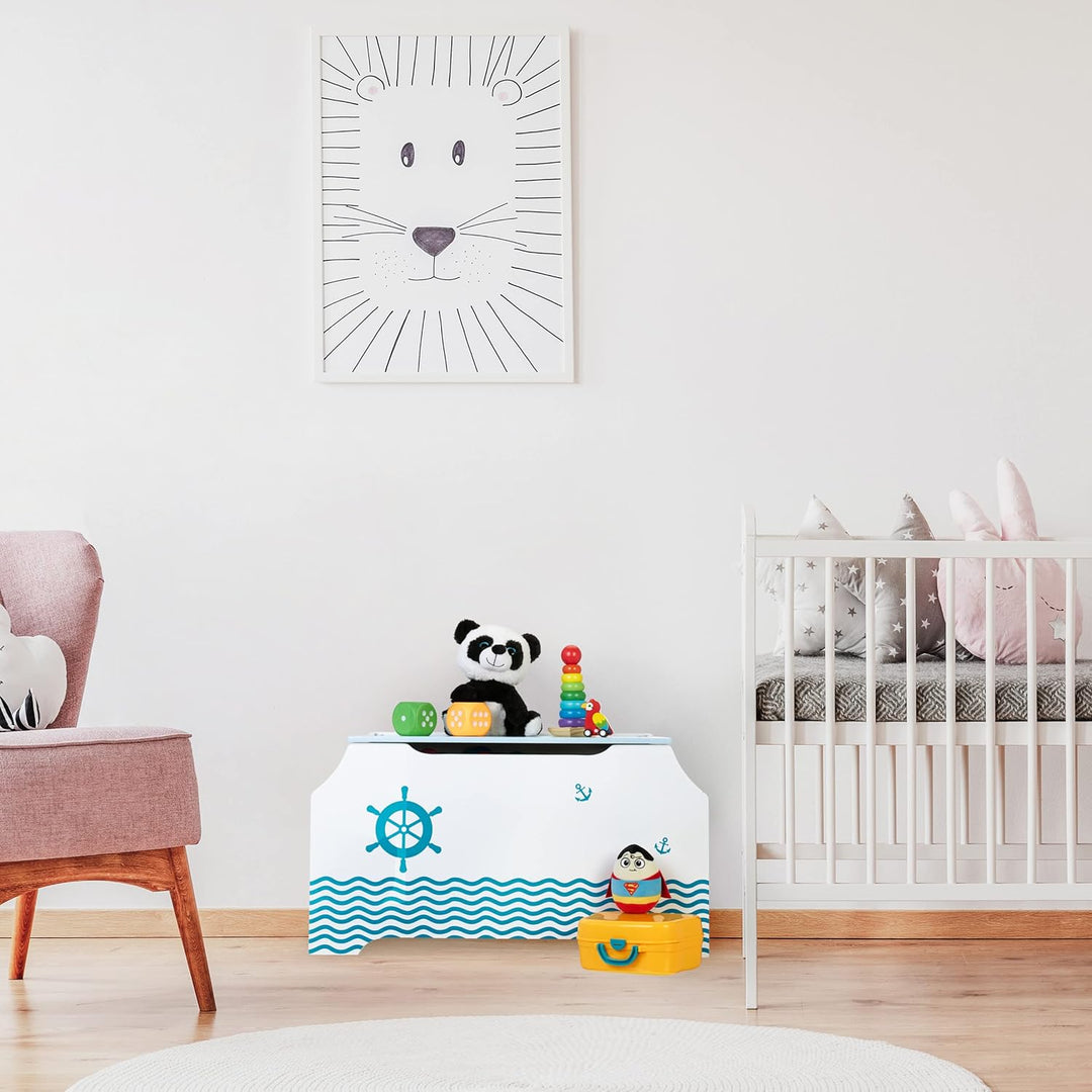 Relaxdays Spielzeugtruhe Seemann, Spielzeugkiste mit Deckel, HBT: 46 x 84 x 42,5 cm, Bücherfach, Spi