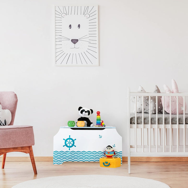 Relaxdays Spielzeugtruhe Seemann, Spielzeugkiste mit Deckel, HBT: 46 x 84 x 42,5 cm, Bücherfach, Spi