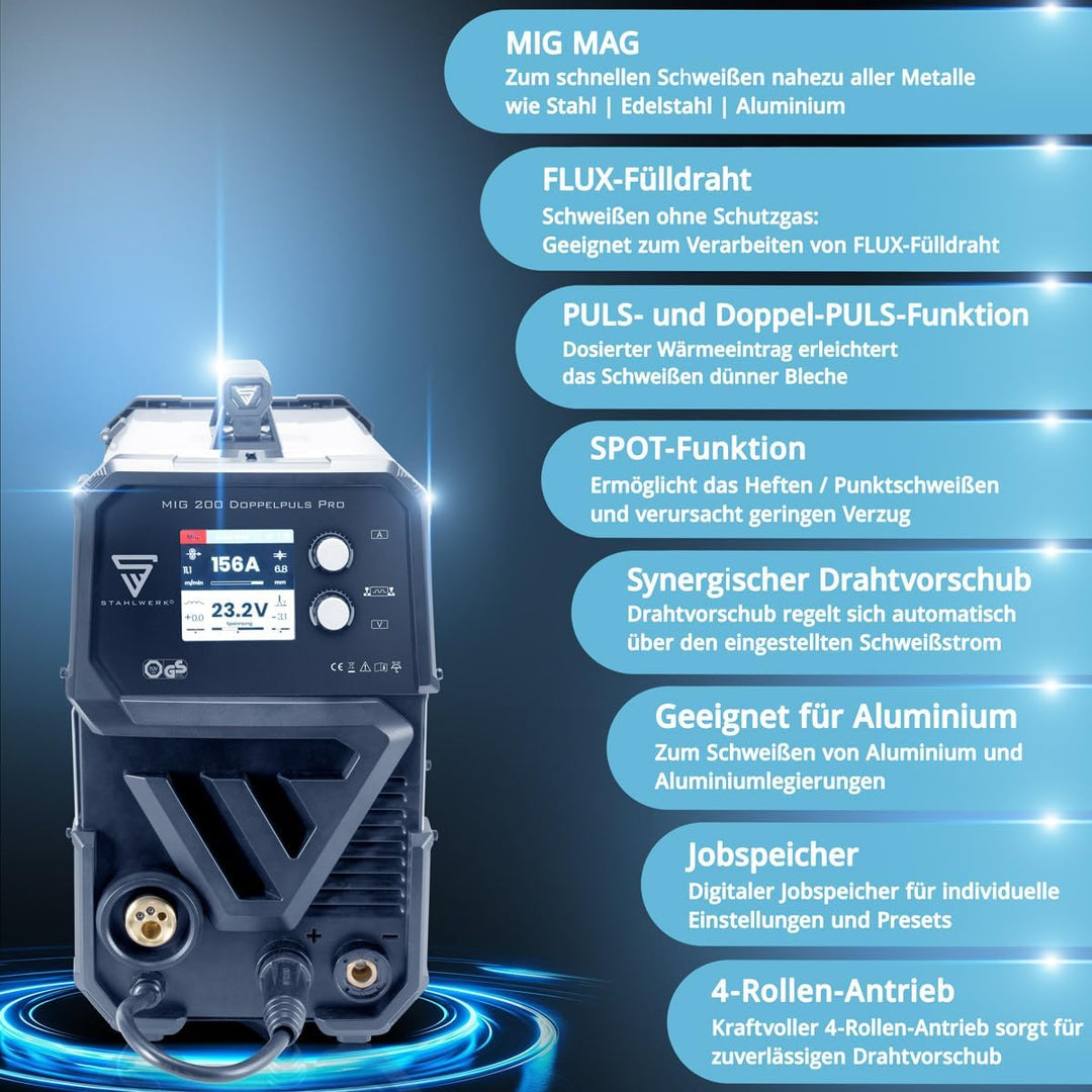 STAHLWERK MIG MAG 200 Doppelpuls Pro vollsynergisches Schweissgerät mit 200 Ampere und AK25/MB25 Sch