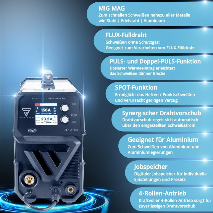 STAHLWERK MIG MAG 200 Doppelpuls Pro vollsynergisches Schweissgerät mit 200 Ampere und AK25/MB25 Sch