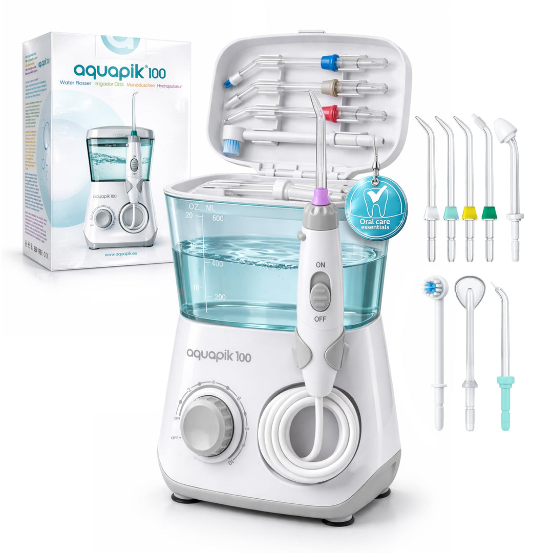 Aquapik® 100 professionelle Munddusche | Plaqueentferner + von Zahnärzten empfohlen | 8 Düsen, 10 Dr