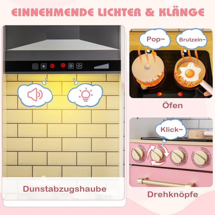 COSTWAY Kinderküche mit Zubehör, Kinder Küche mit Eismaschine & Dunstabzugshaube & Tafel & Grill & B