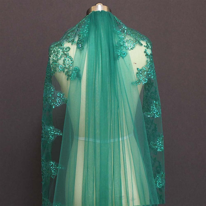 VRONIS Bridal Veil, Pailletten-Spitzenrand, eine Schicht, grüne Brautschleier mit Kamm, Kathedrale,