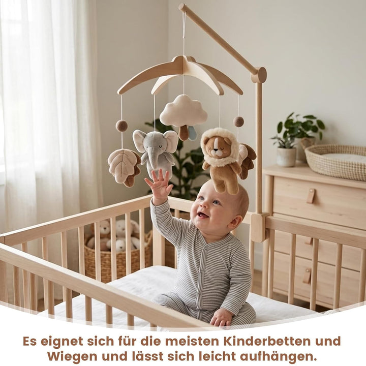 Safari Dschungel Plüsch Baby Mobile,Elefant Löwe und Blätter Holz Handgemachte Windspiel für Babybet