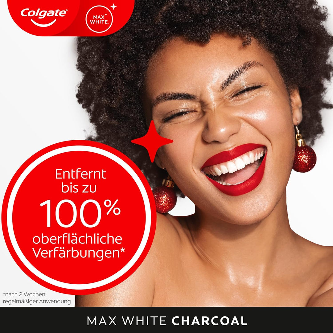 Colgate Zahnpasta Max White Charcoal, 12 x 75ml - Zahncreme mit Aktivkohle, entfernt bis zu 100% der