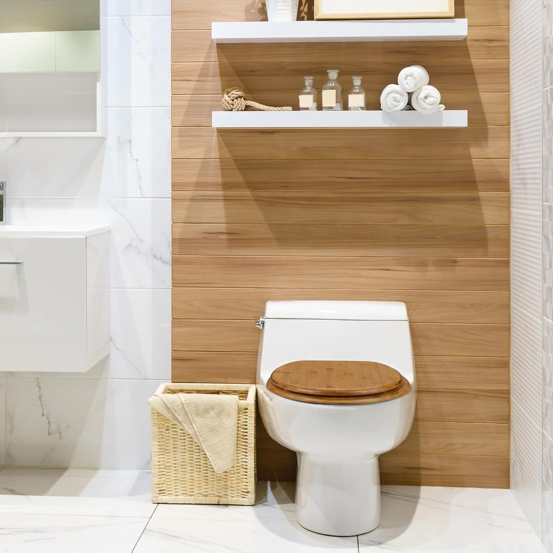 Relaxdays Toilettendeckel mit Absenkautomatik & Quick Release, 37,5 x 43,5 cm, Bambus, Montage von O
