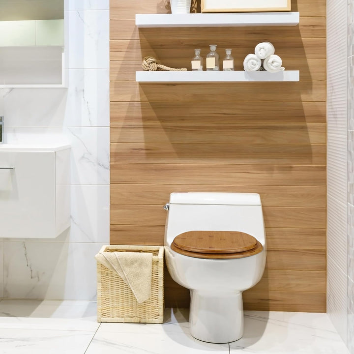 Relaxdays Toilettendeckel mit Absenkautomatik & Quick Release, 37,5 x 43,5 cm, Bambus, Montage von O