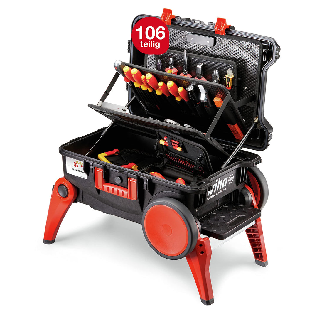 Wiha Werkzeugkoffer Set XXL III electric I 106-tlg. I Trolley mit ausklappbaren Beinen I Werkzeugkas
