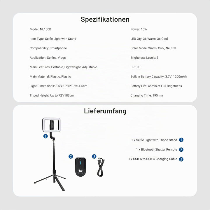 NEEWER Basics 10W Selfie Licht mit Stativ, 1200mAh LED Quadrat Ringlicht, 72" Selfie Stick Handyhalt
