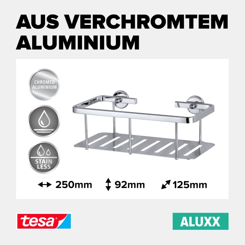 tesa ALUXX Duschablage, Aluminium, verchromt, garantiert rostfrei, inkl. Klebelösung, tiefer Boden,