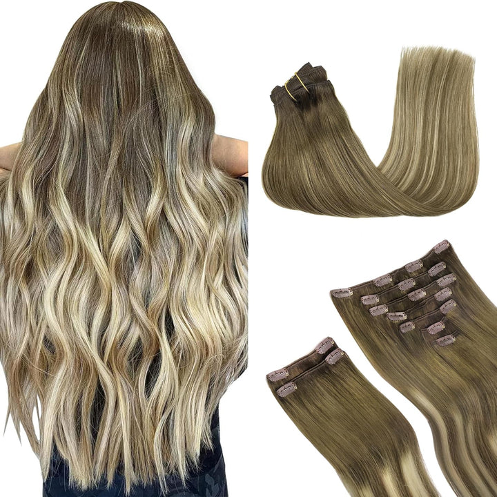 GOO GOO Clip in Extensions Echthaar, Echthaar Extensions Clip, 35cm 150g 9pcs, Extensions Echthaar,