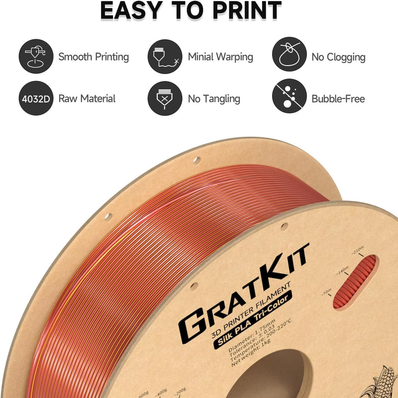 GratKit Tricolor silk PLA Filament 1,75mm 1kg Spule, Seide Dreifarbiges 3D-Drucker Filament mit +/-0