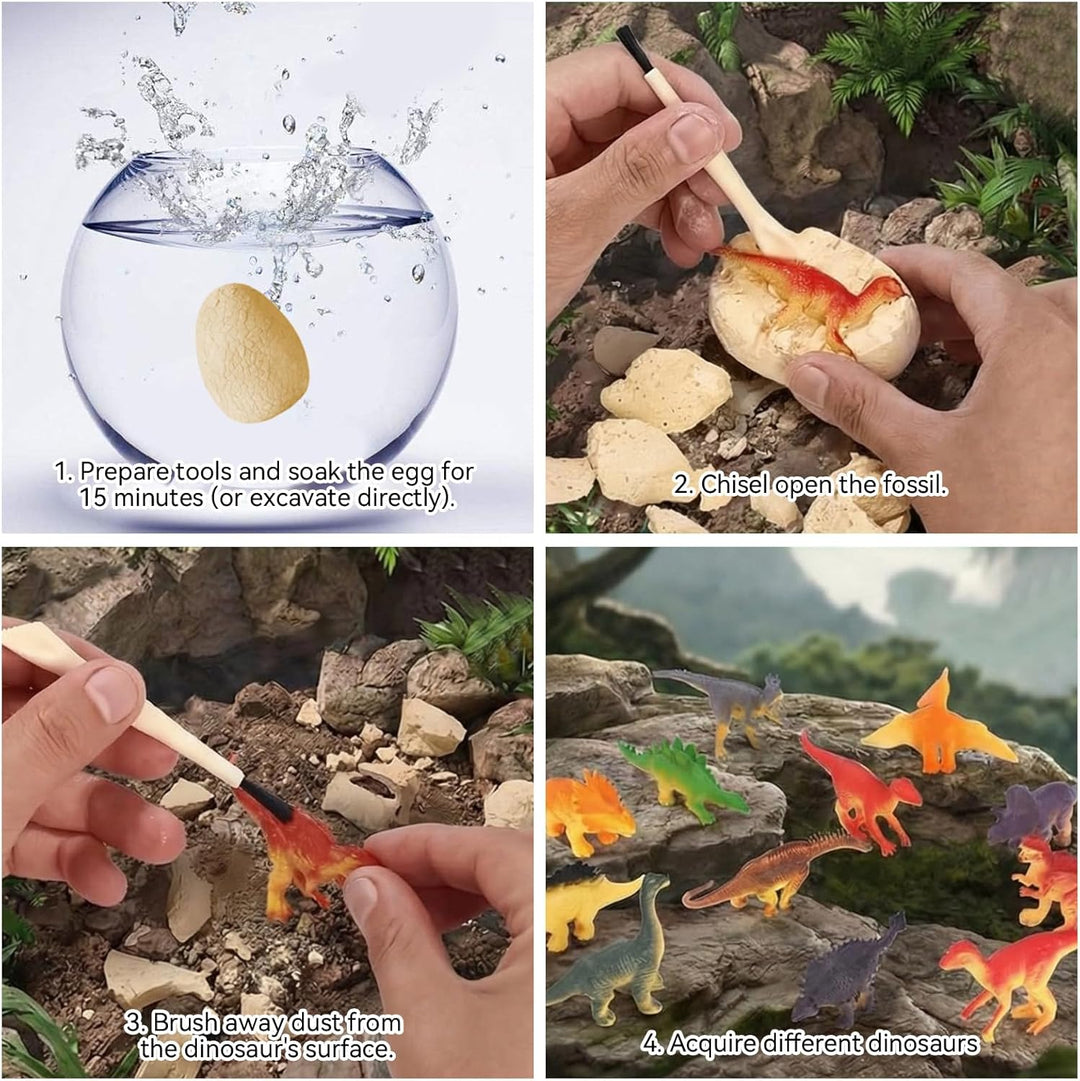 Dino Ei Ausgrabungsset, 12 Stück Dinosaurier Eier mit Ausgrabungswerkzeug, Lernkarten & Spielmatte,