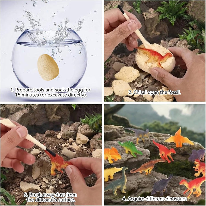 Dino Ei Ausgrabungsset, 12 Stück Dinosaurier Eier mit Ausgrabungswerkzeug, Lernkarten & Spielmatte,