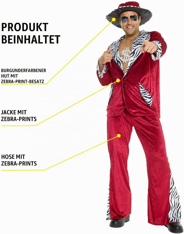 Morph Rotes Pimp Kostüm für Herren, 70er Jahre Outfit, Perfekt für Vegas und Halloween XL, XL