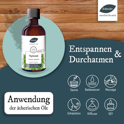 Saunabedarf Schneider Thymianöl – ätherische Ölmischung naturrein – 100 ml Inhalt – wohltuender Luft