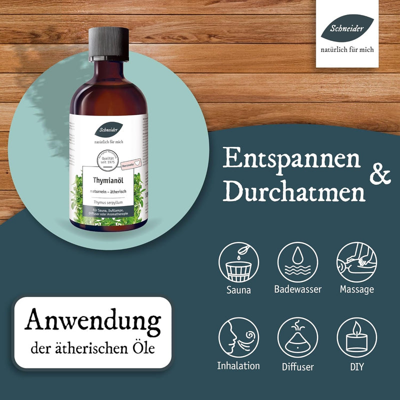 Saunabedarf Schneider Thymianöl – ätherische Ölmischung naturrein – 100 ml Inhalt – wohltuender Luft