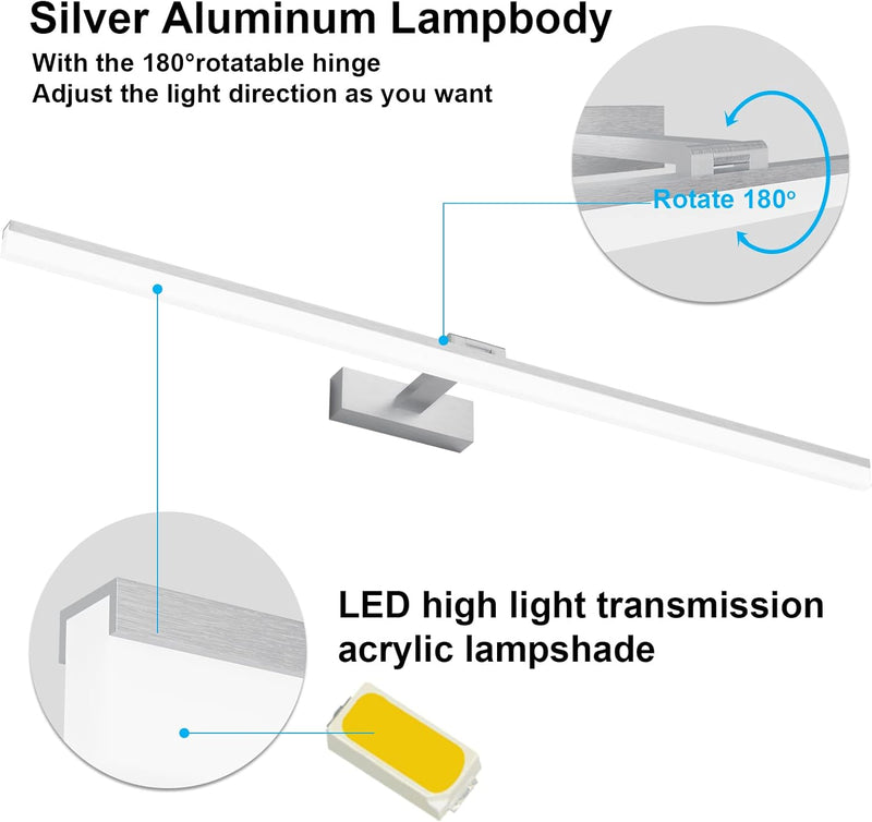 Klighten LED Spiegelleuchte Badezimmer Lampe 100CM, Silber Bad Spiegel Beleuchtung Lampe 28W 1560LM