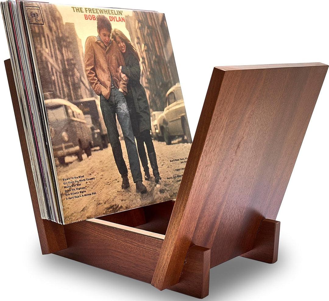 Honygebia Schallplattenhalter aus Massivholz - Sapeli-Holz Schallplattenständer, V-förmiges Albumreg