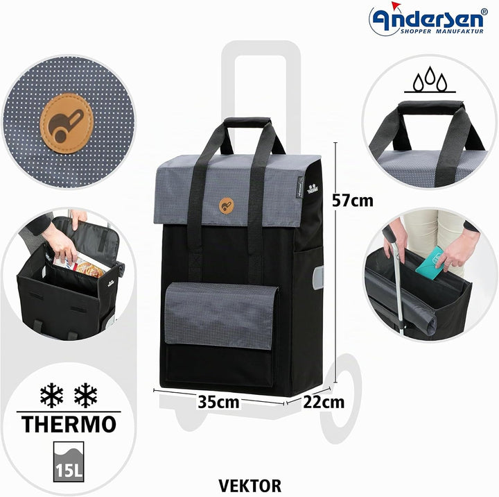 Andersen Einkaufstrolley Royal als Treppensteiger Alu klappbar mit Rad Ø 3 x 13cm und 43 Liter Tasch