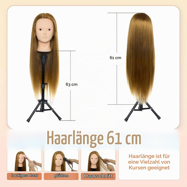 Neverland 24 inch Schminkkopf Frisierkopf Friseur mit Ständer 50% Echthaar Haar Übungskopf Trainings