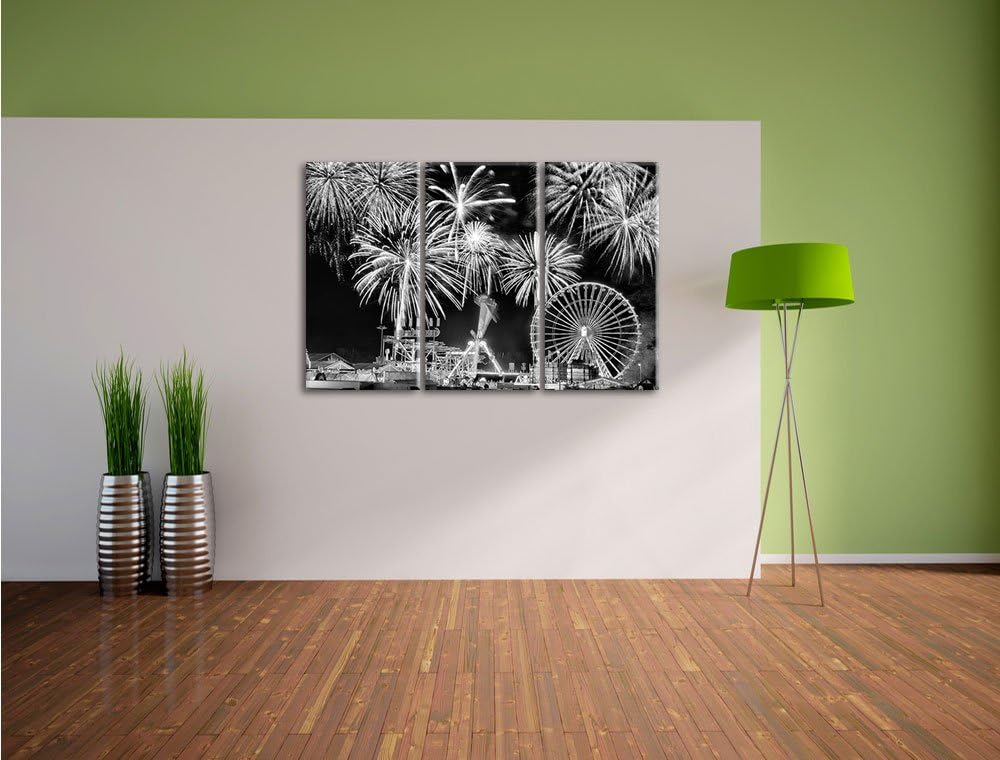 Pixxprint Monocrome, Silvester Riesenrad, Feuerwerk 3-Teiler Leinwandbild 120x80 Bild auf Leinwand