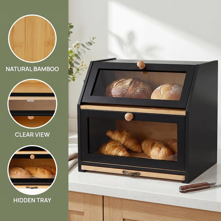 HUOLE Brotkasten Bambus 2 Etagen Brotkasten Küchenorganizer Brotkasten Holz Brotkasten mit Sichtfens