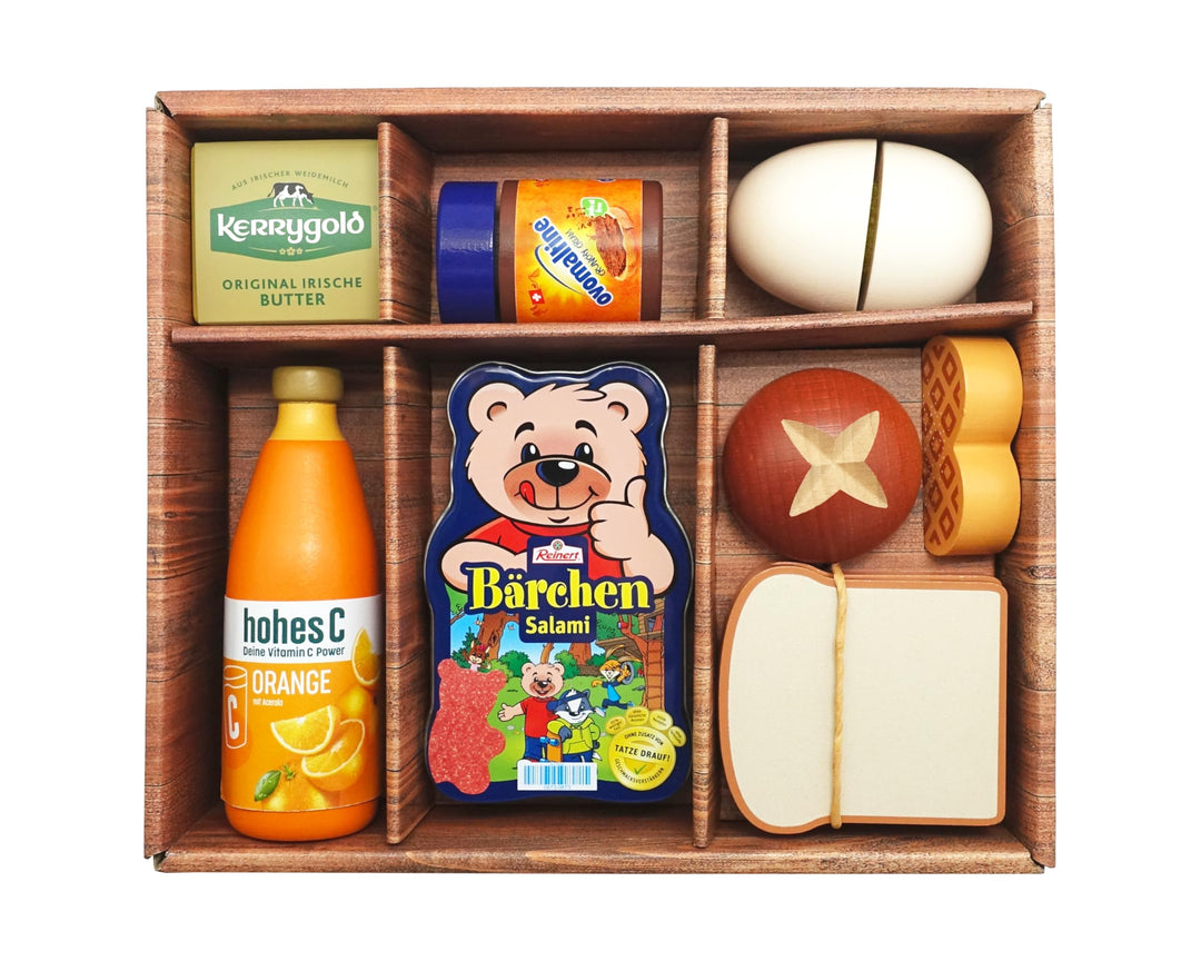 Tanner DER KLEINE Kaufmann Tanner Deco – Grosses Frühstücksset aus Holz (Hellbraun, 8 Holz-Miniature