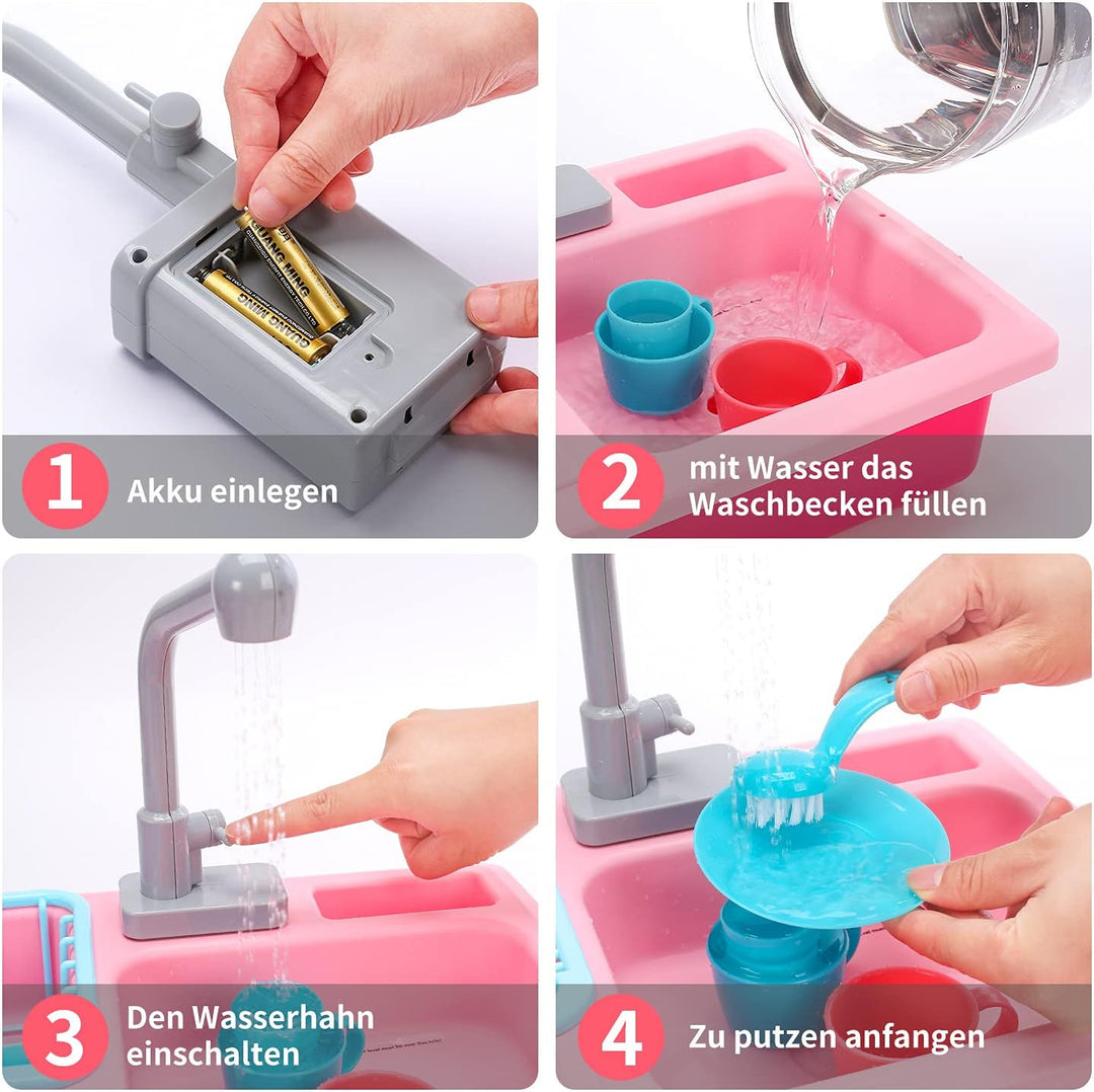 cute stone Küchenspüle Spielzeug Set mit warmbarem Wasser-Recycling Wasserhahn und Waschbecken, Wärm