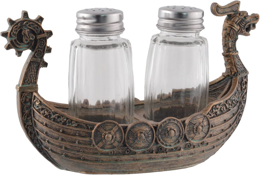 Nordischer Salz- u. Pfefferstreuer "Drakar" - Wikinger Schiff mit Glasstreuern