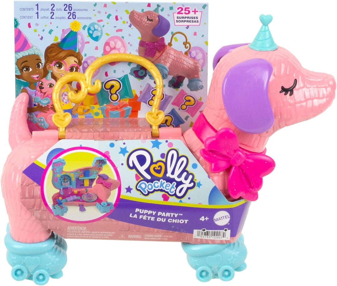 POLLY POCKET Hündchenparty - Rollschuh-Geburtstagsparty, 2 Puppen, 26 Zubehörteile, DJ-Pult, Rollsch