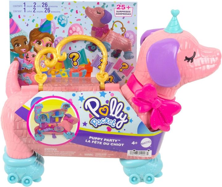 POLLY POCKET Hündchenparty - Rollschuh-Geburtstagsparty, 2 Puppen, 26 Zubehörteile, DJ-Pult, Rollsch