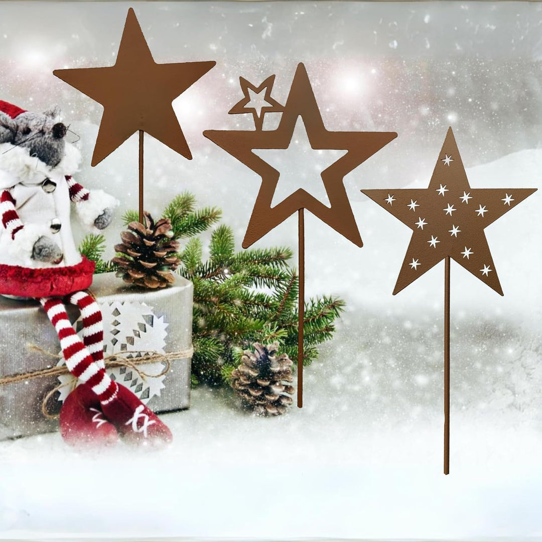 KRONLY 3 Stück Gartenstecker Sterne Roststecker Metall Weihnachten wetterfest Gartendeko Outdoor