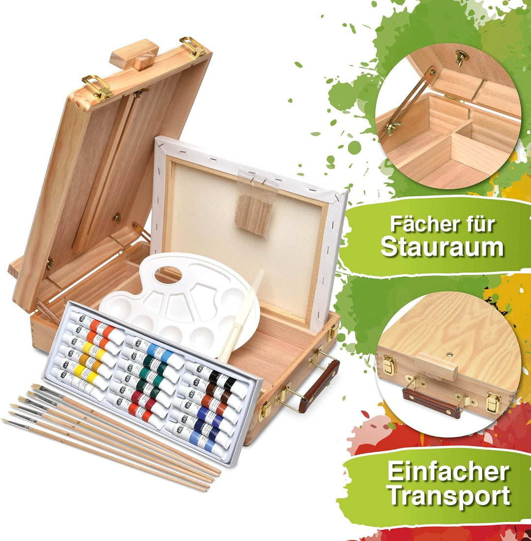 Artina 28tlg Malset Florenz im Malkoffer - Acrylfarben Set mit Kofferstaffelei - 18x 12ml Acrylfarbe