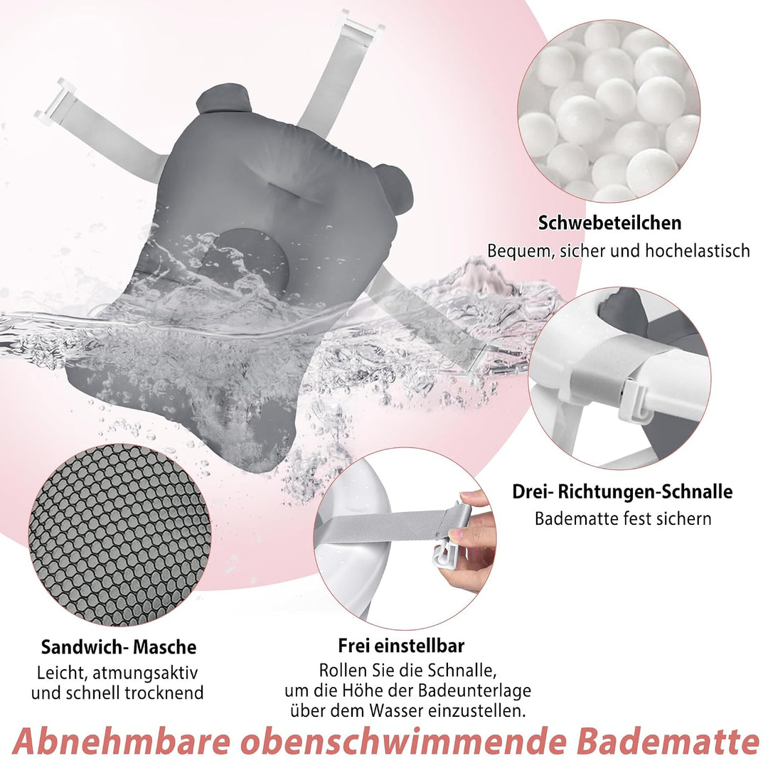 YUENFONG Baby Badewanne, Faltbar, PP Material, Anti Rutsch, Grau mit Sitzkissen Grau mit Badematte,