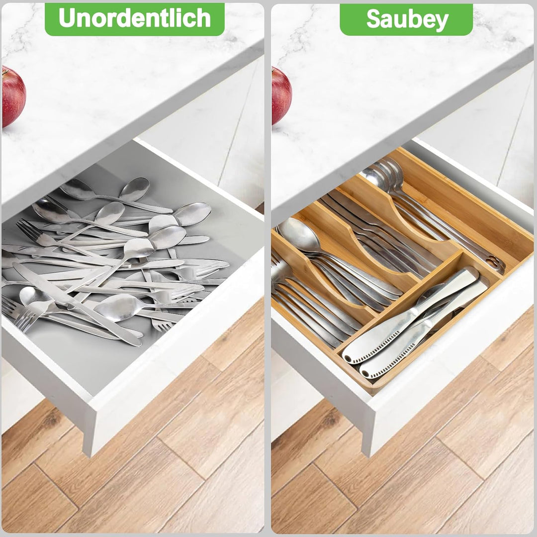 HIMAugbo Besteckkasten Mit Deckel für Schubladen aus Bambus, Besteckeinsatz fur Küchen für Löffel, G