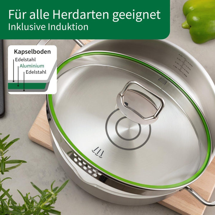 Fackelmann x Chefkoch Servierpfanne München Ø28 cm Edelstahl | Schmortopf mit Öl-Dosiersystem, Liter