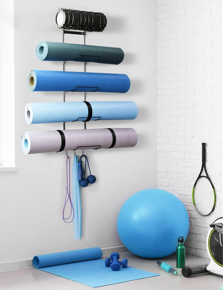 Yogamattenhalter mit 5 Ebenen, Wandhalterung, Metall-Aufbewahrungsregal für Yogamatten/Räder, Schaum