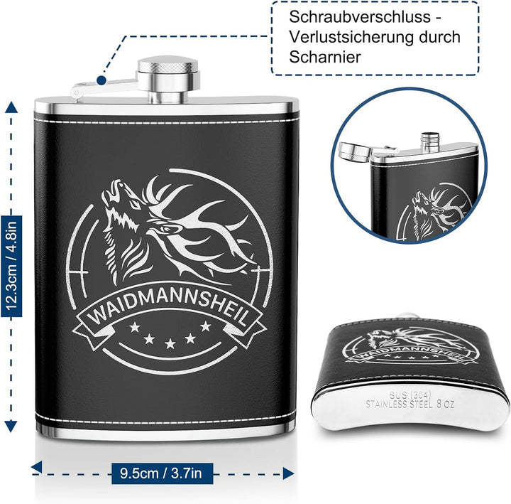 LILABIENE Jäger Flachmann Geschenk Set mit Gravur 304 Edelstahl 230ml | Mit Lederbezug, Mit Geschenk