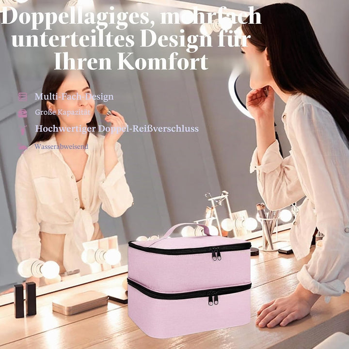 ADERTOS Nagellack Aufbewahrung Tasche Doppelschicht Rosa Nylon Kosmetiktasche Make Up Organizer für